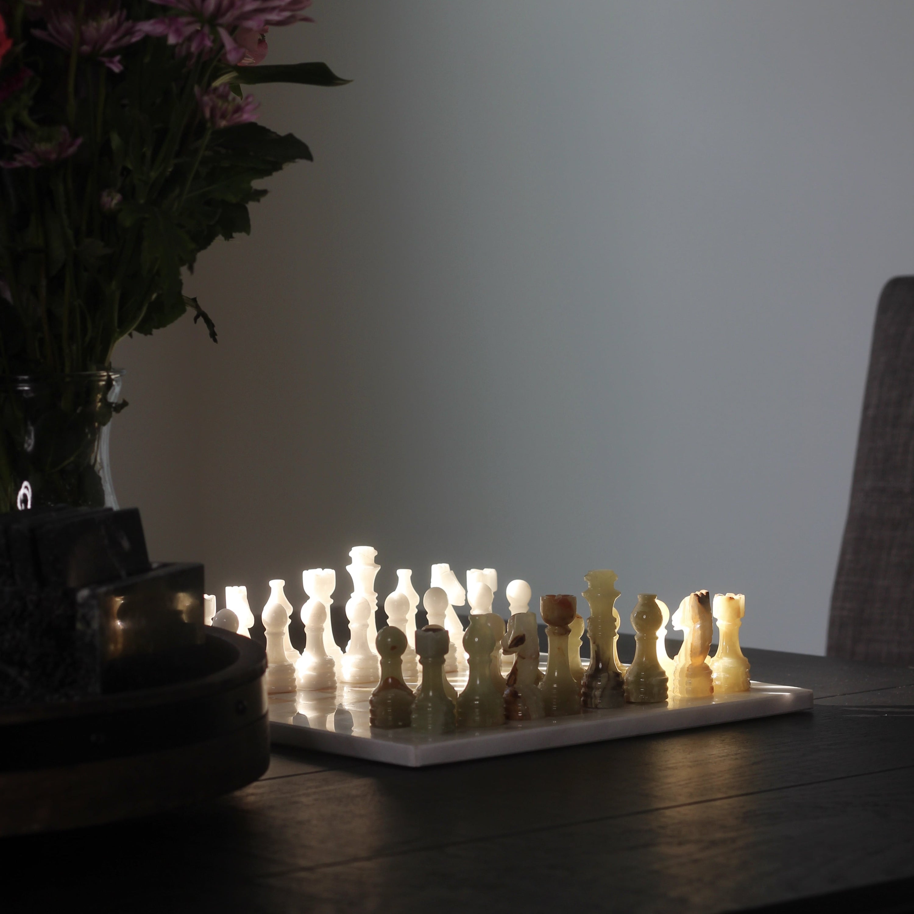 Marble Chess Set with Storage Case - White and Onyx
