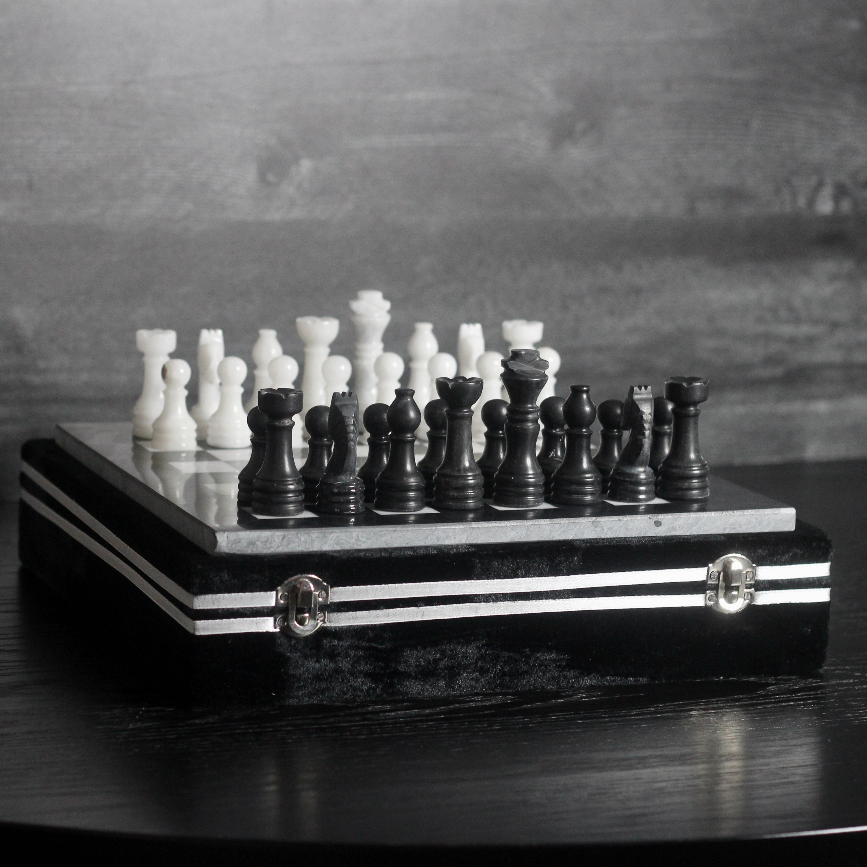 Marble Chess Set with Storage Case - Black and White