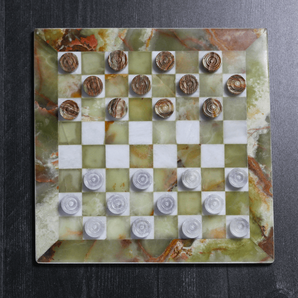 Marble Checkers Set with Storage Case - Onyx and White - Marble Cultures