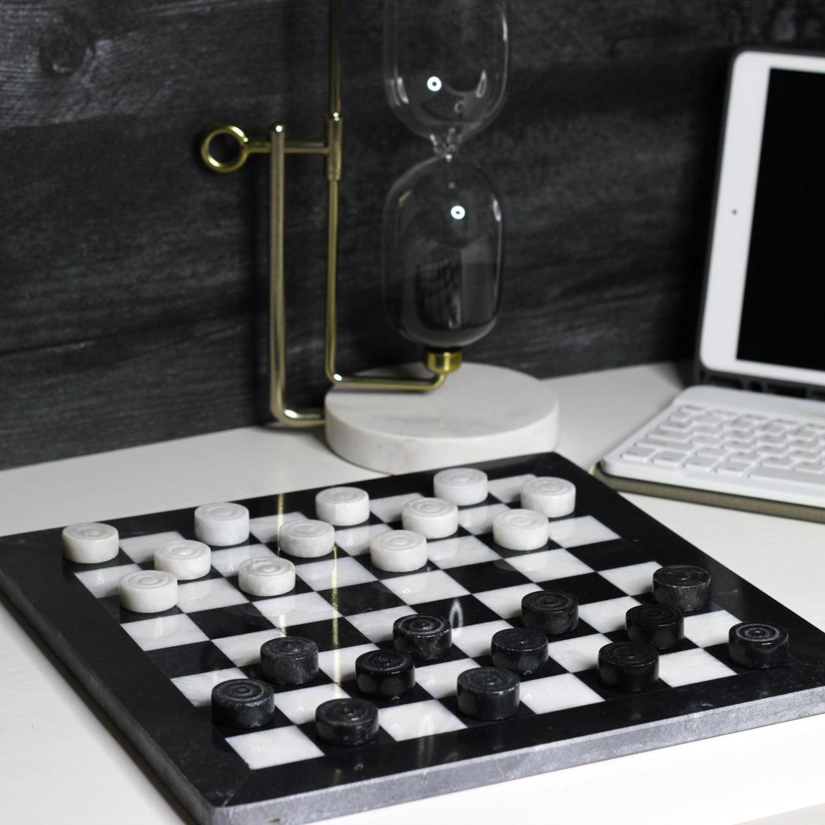 Marble Checkers Set with Storage Case - Black and White - Marble Cultures