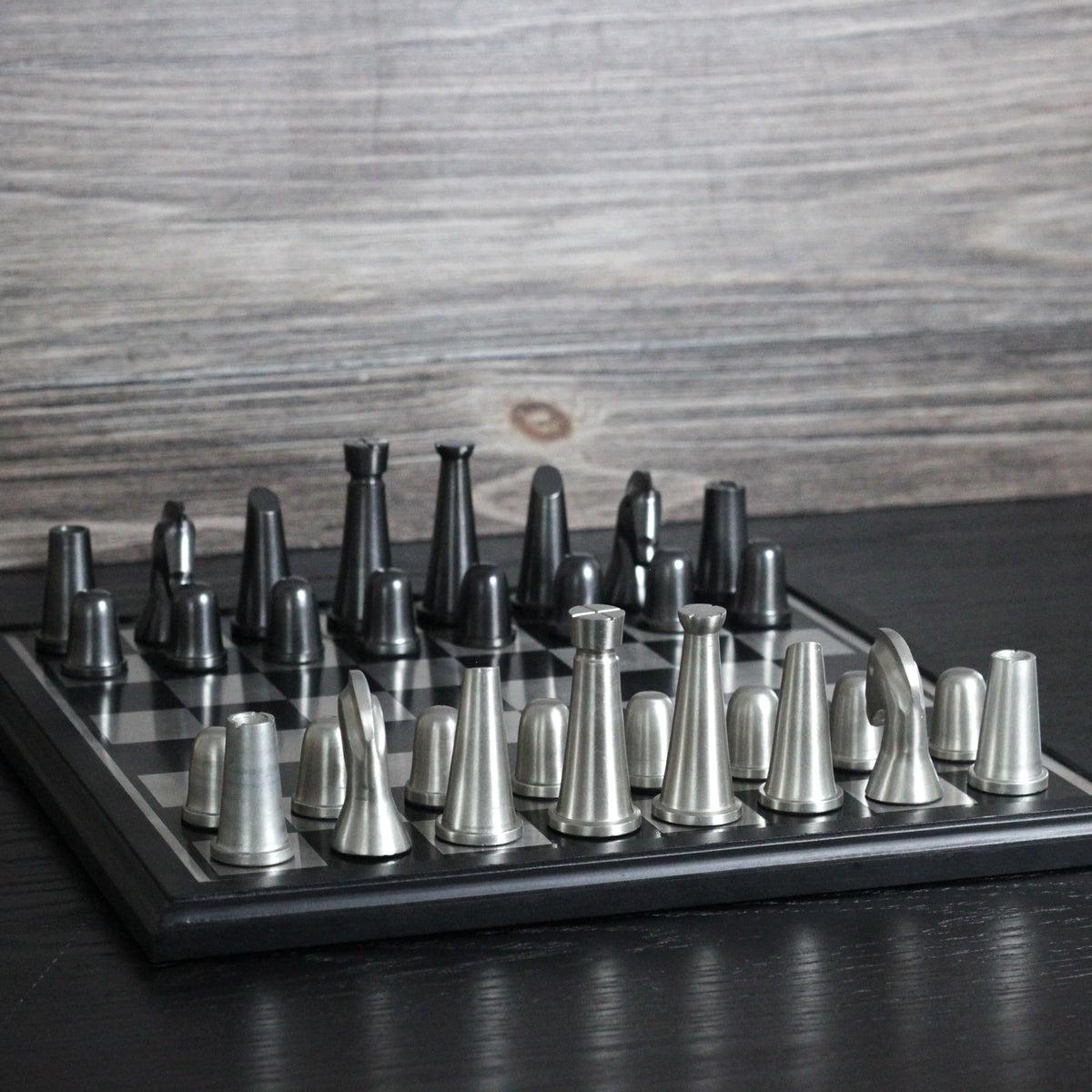 Scandinavian Defense - Art Deco Black and Silver Metallic Chess Set - Marble Cultures