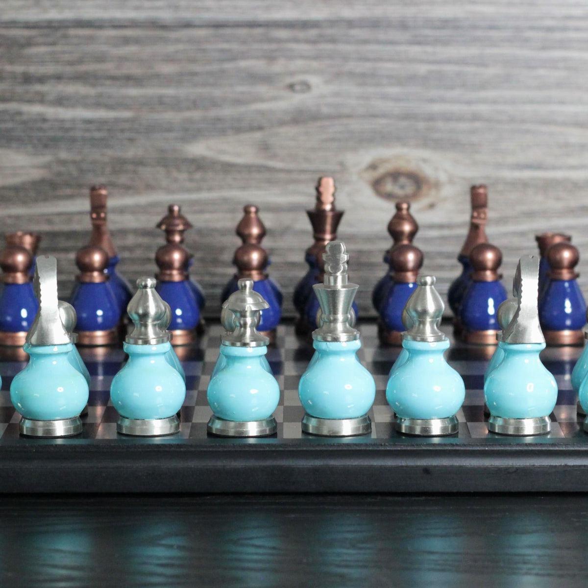 The Queens Gambit - Royal & Tiffany Blue Metallic Chess Set - Marble Cultures