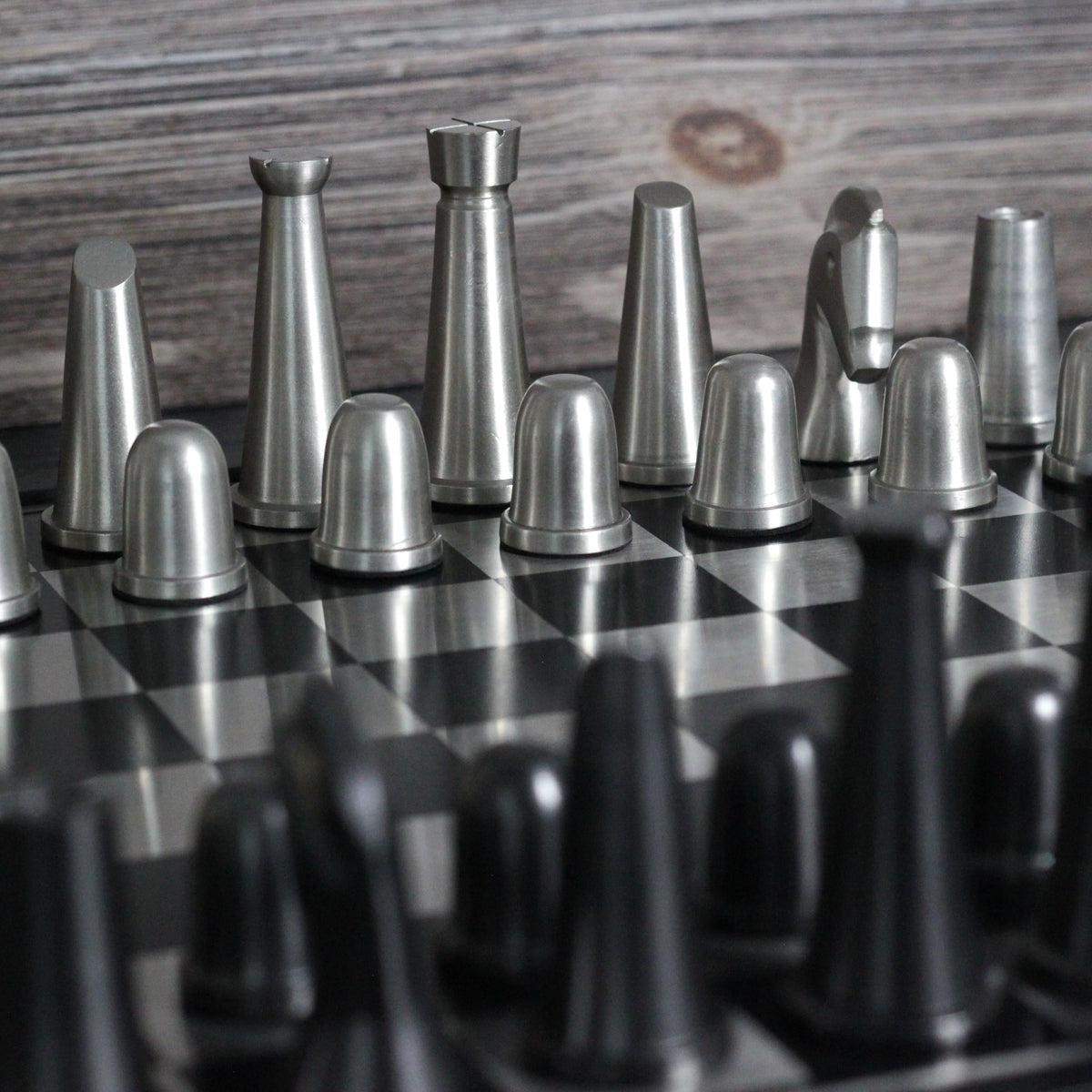 Scandinavian Defense - Art Deco Black and Silver Metallic Chess Set - Marble Cultures