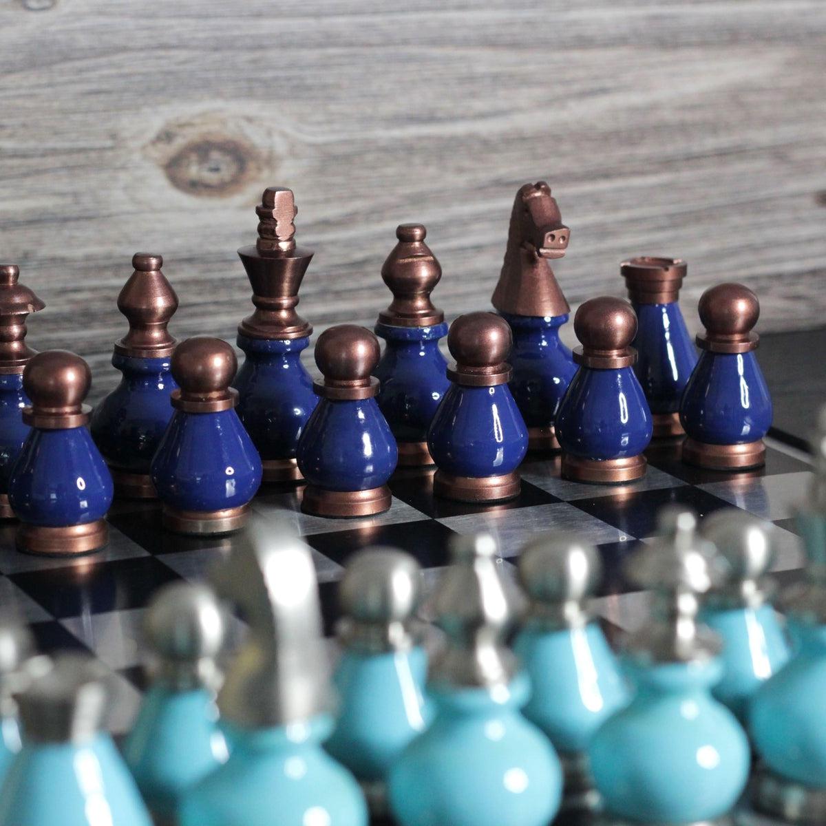 The Queens Gambit - Royal & Tiffany Blue Metallic Chess Set - Marble Cultures