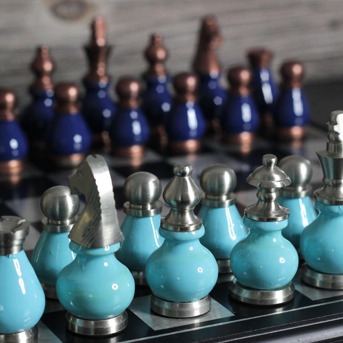 The Queens Gambit - Royal & Tiffany Blue Metallic Chess Set - Marble Cultures