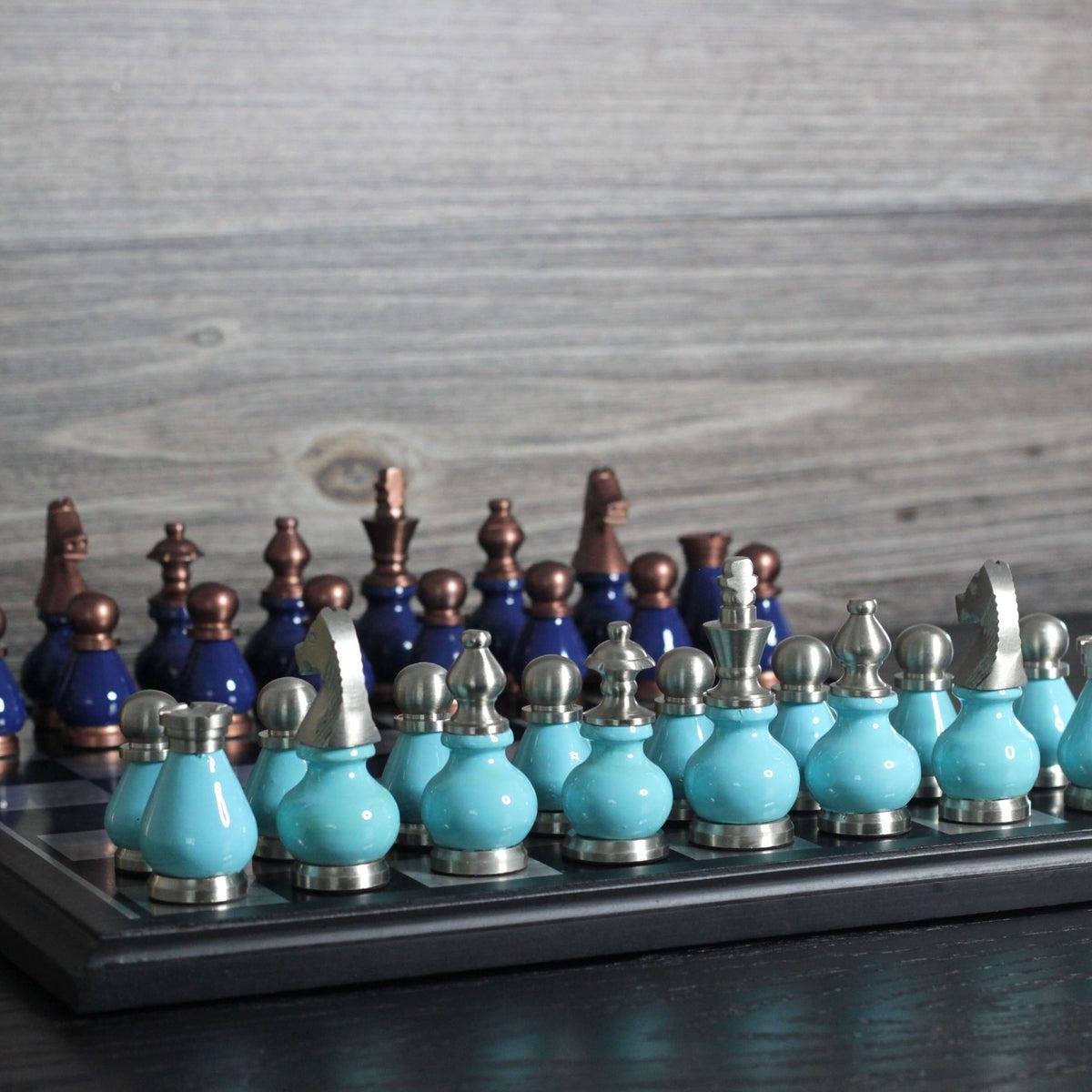 The Queens Gambit - Royal & Tiffany Blue Metallic Chess Set - Marble Cultures