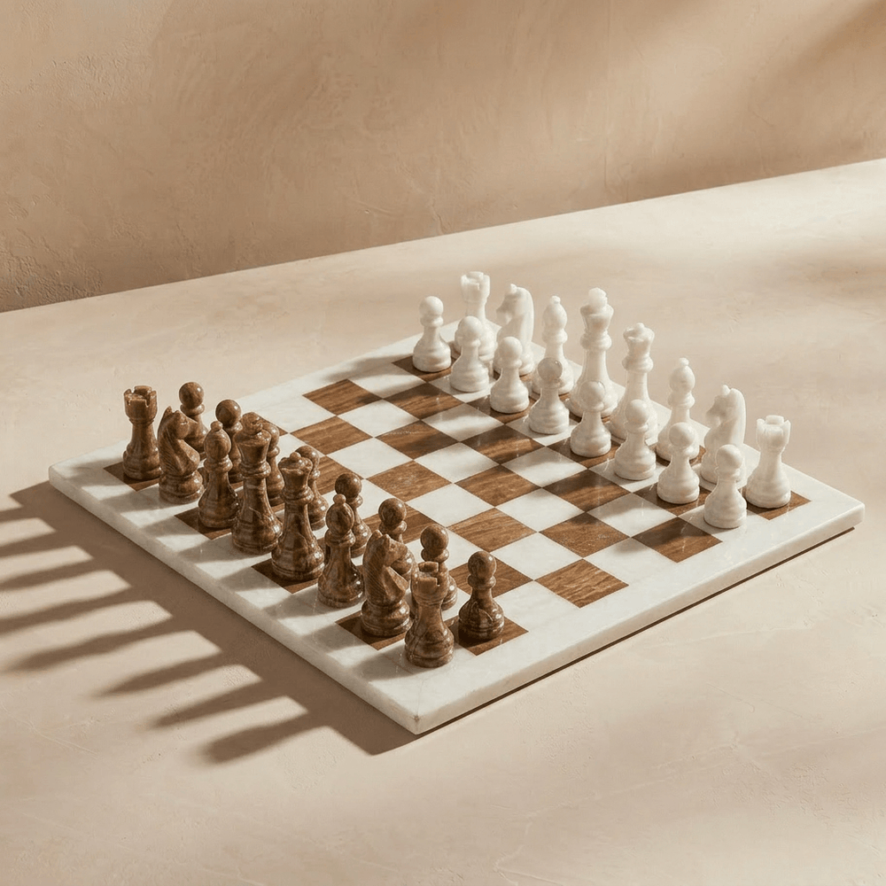 Marble Chess Set with Storage Case - Brown and White