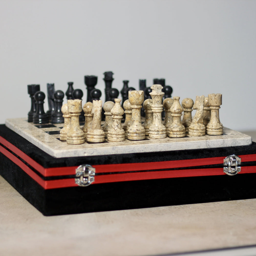 Marble Chess Set with Storage Case - Coral and Black