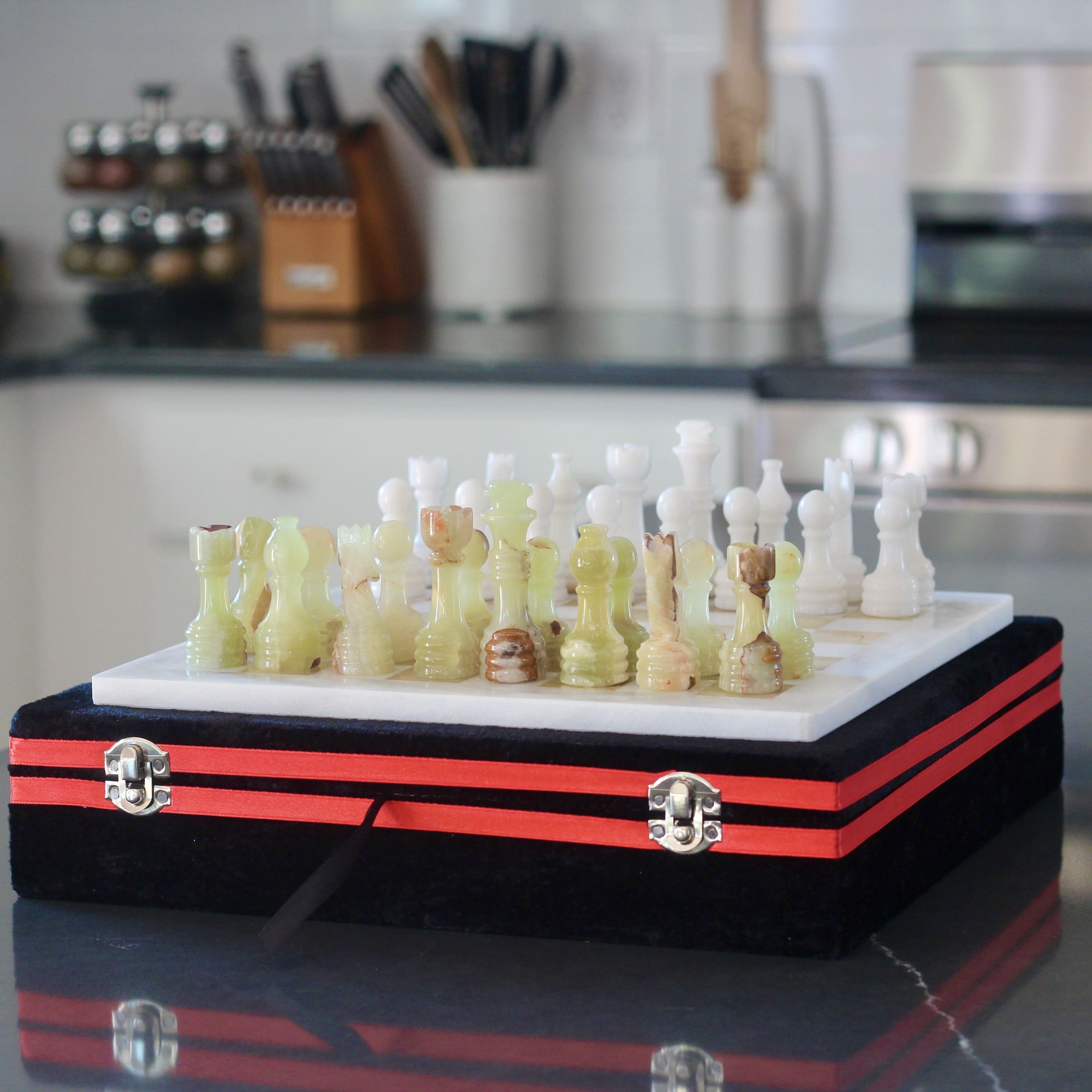 Marble Chess Set with Storage Case - White and Onyx