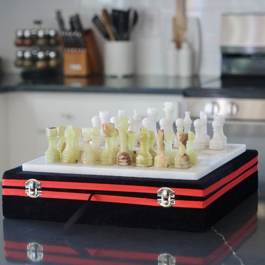 Marble Chess Set with Storage Case - White and Green Onyx