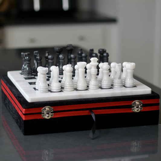 Marble Chess Set with Storage Case - White and Black