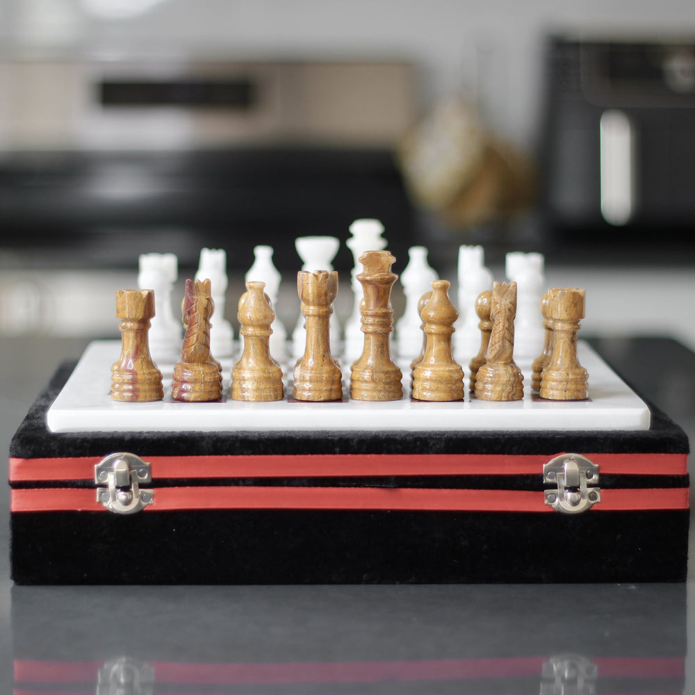 Marble Chess Set with Storage Case - Brown and White