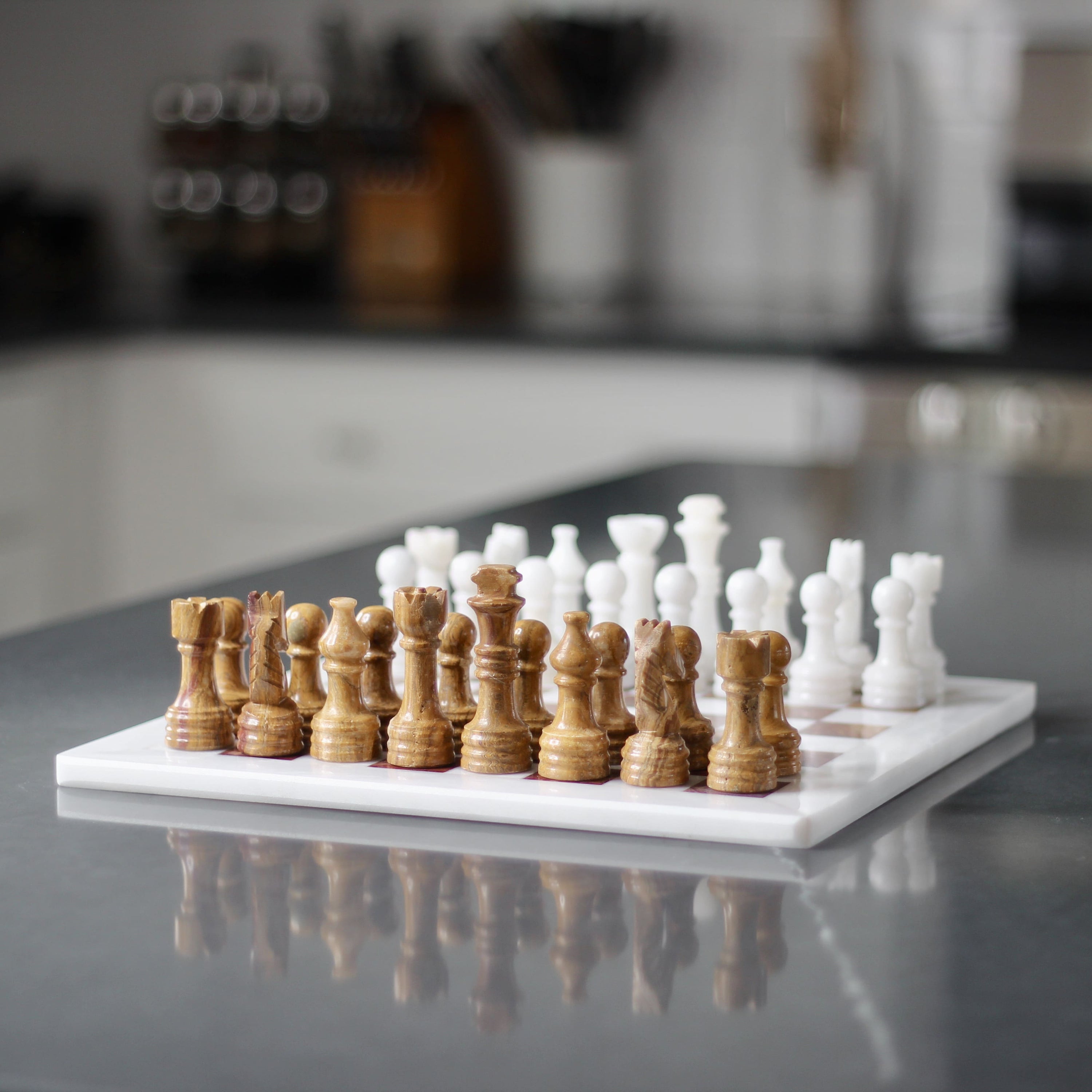 Marble Chess Set with Storage Case - Brown and White