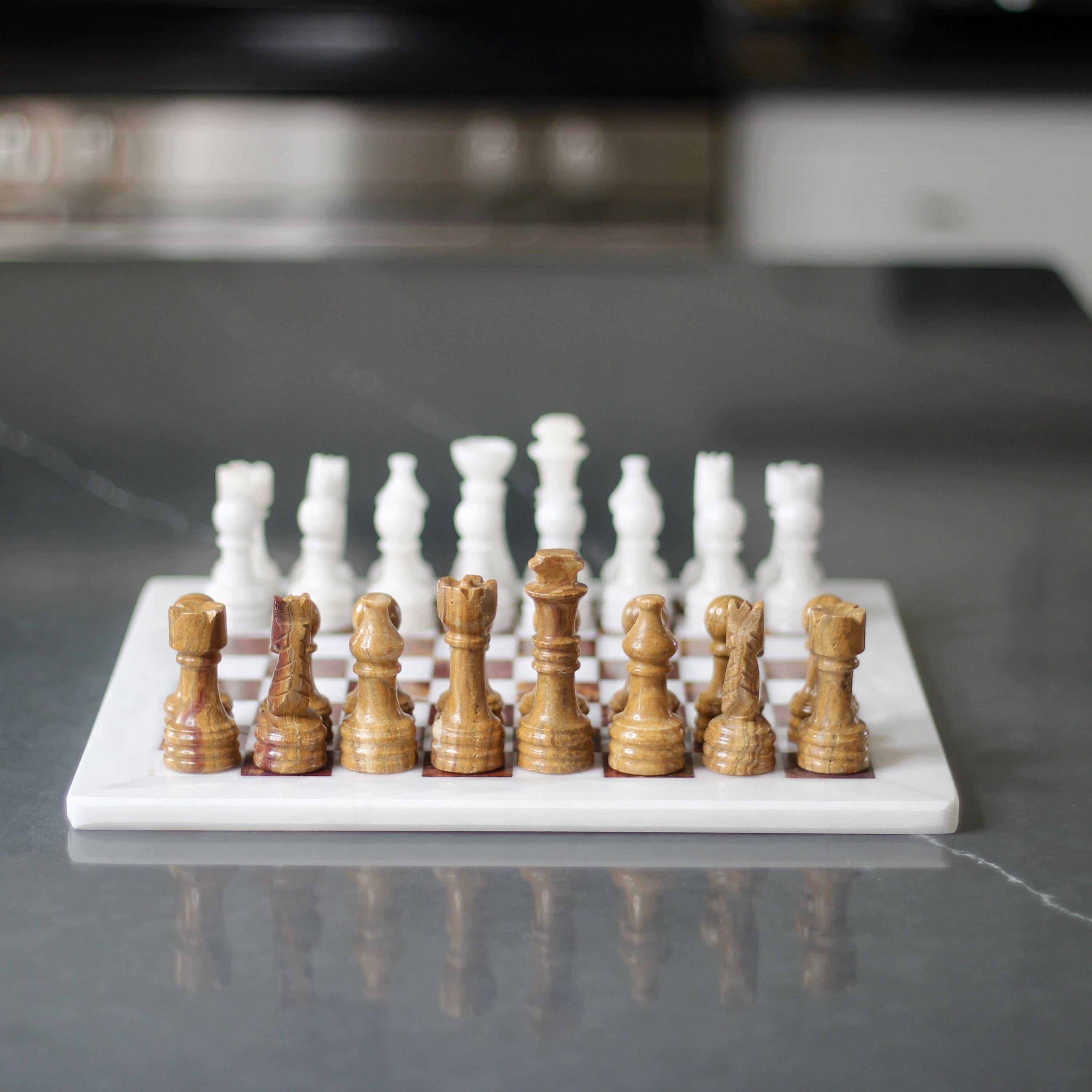 Marble Chess Set with Storage Case - Brown and White