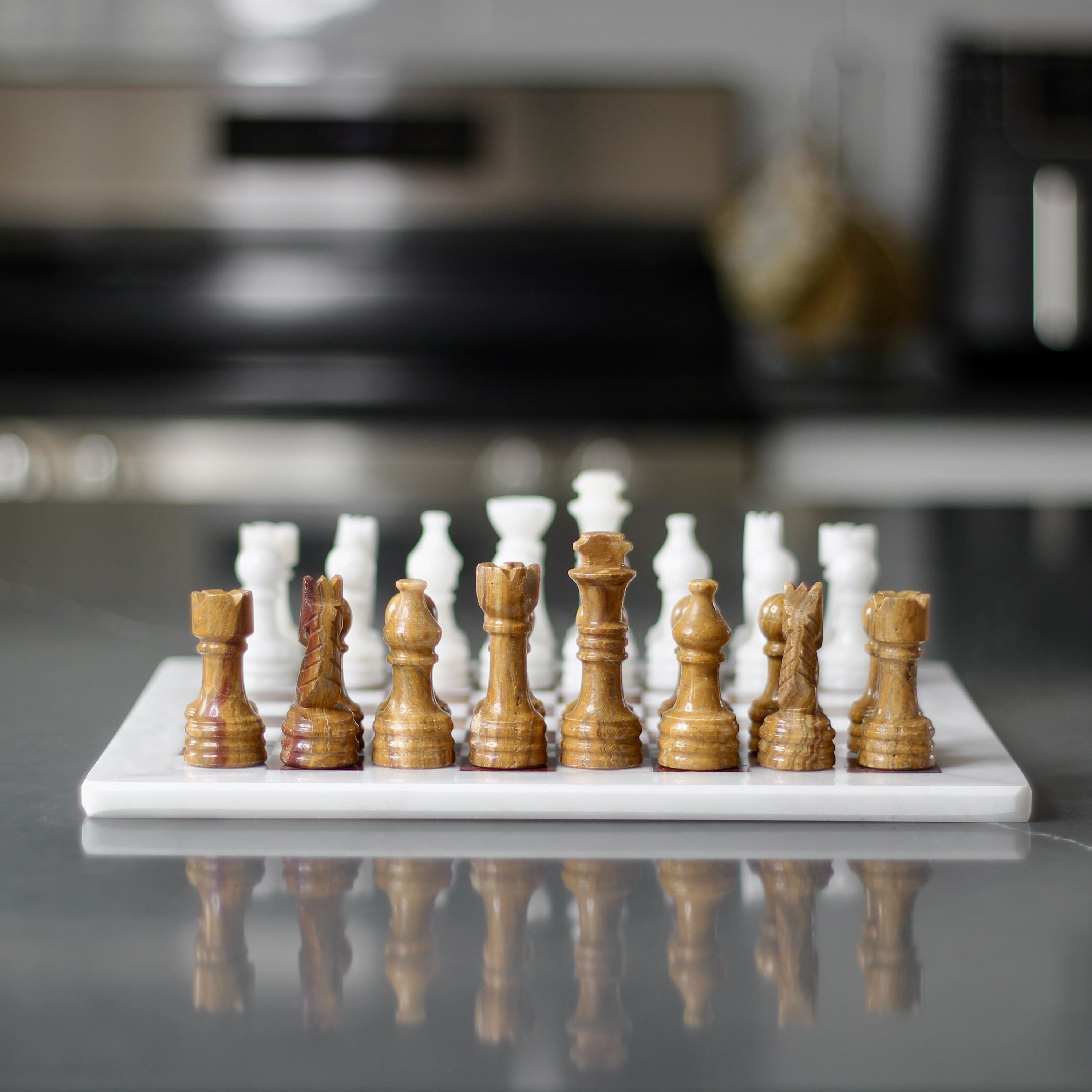 Marble Chess Set with Storage Case - Brown and White