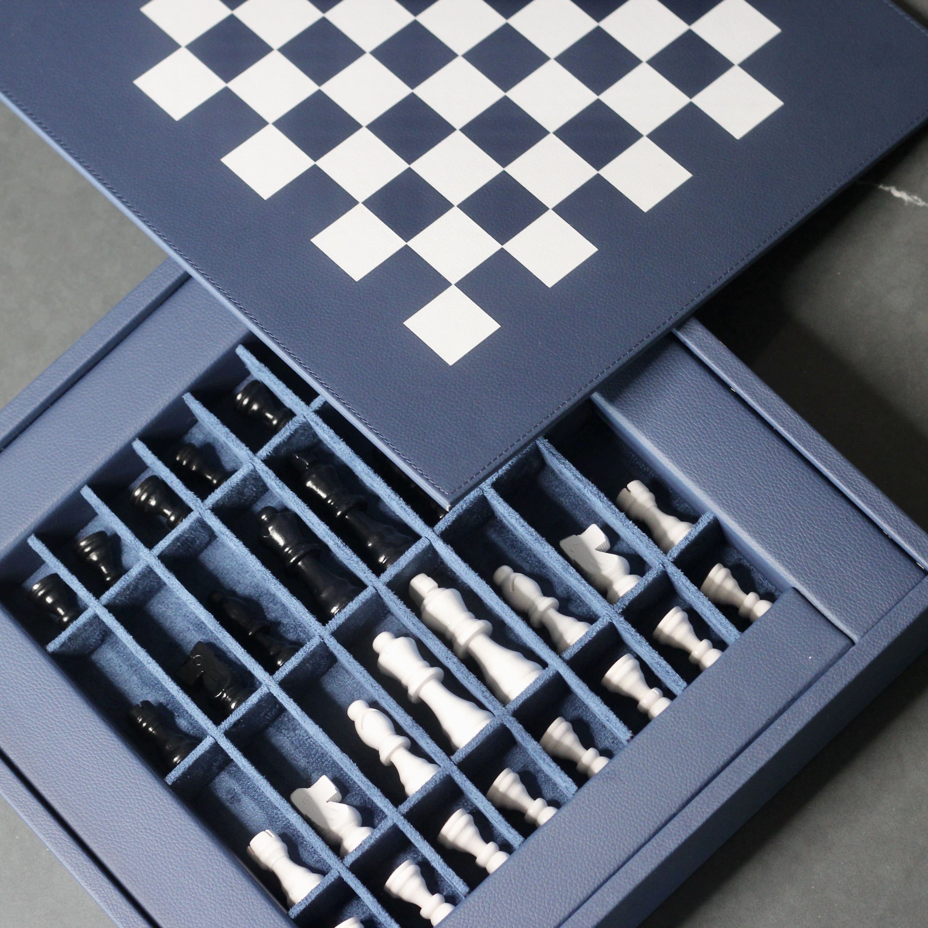 Leather Chess Set with Case - Navy Blue and Black