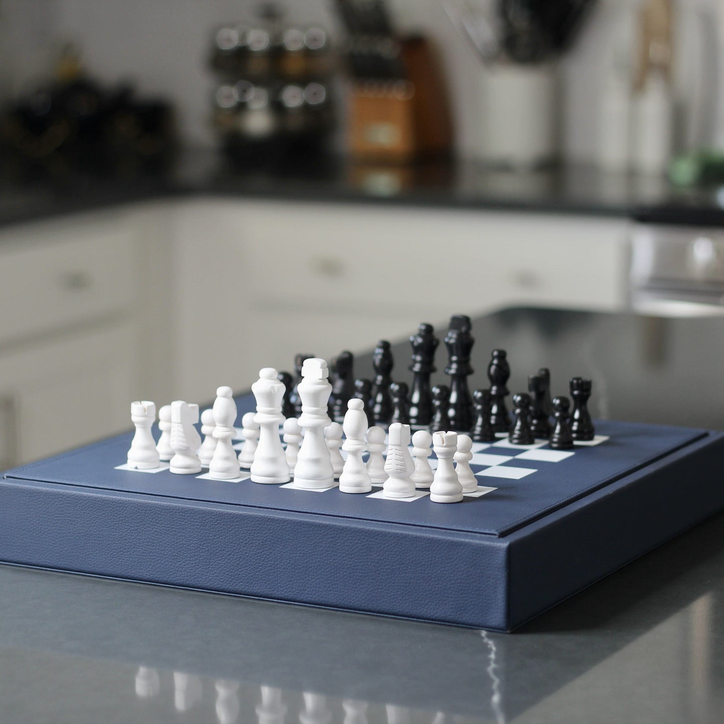 Leather Chess Set with Case - Navy Blue and Black