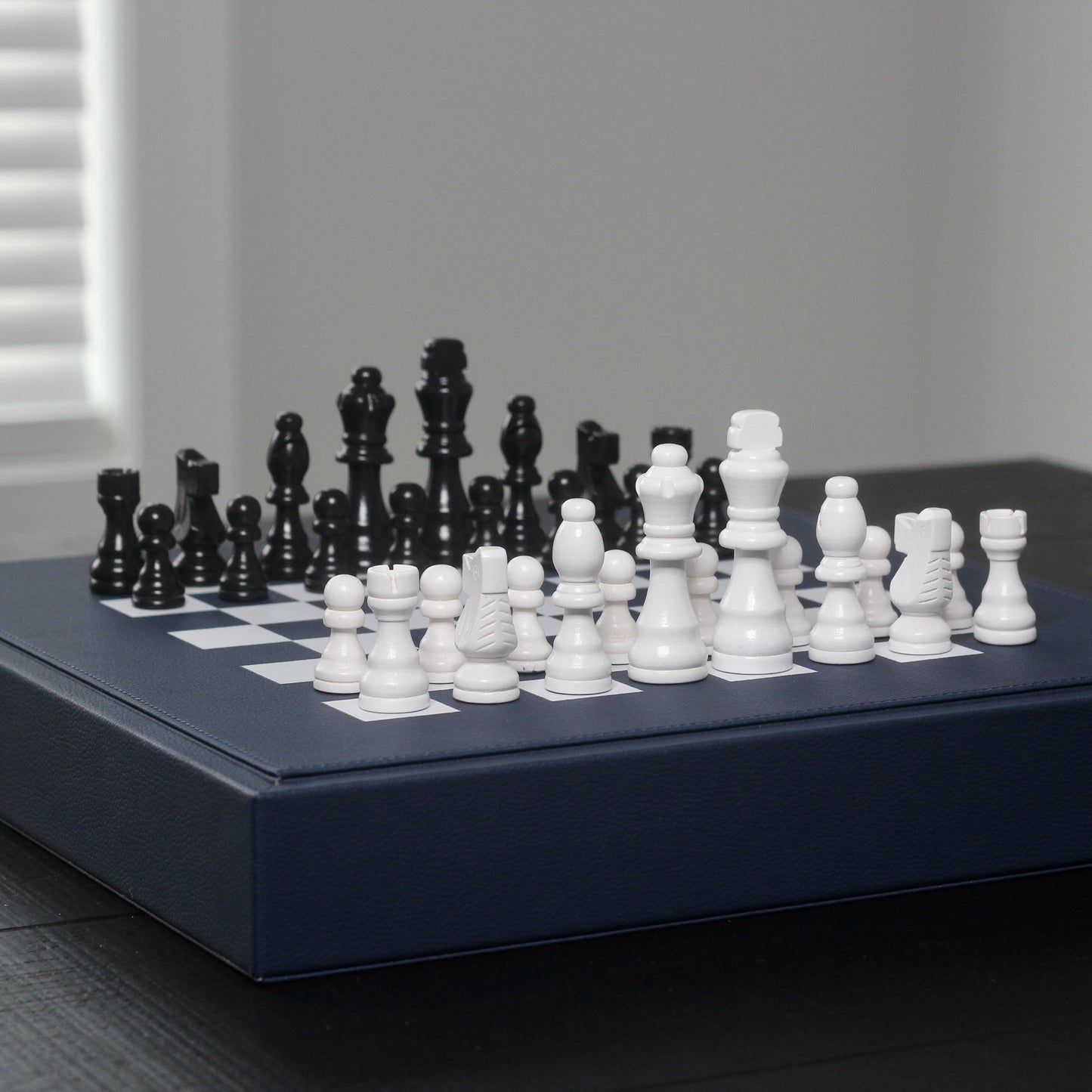 Leather Chess Set with Case - Navy Blue and Black