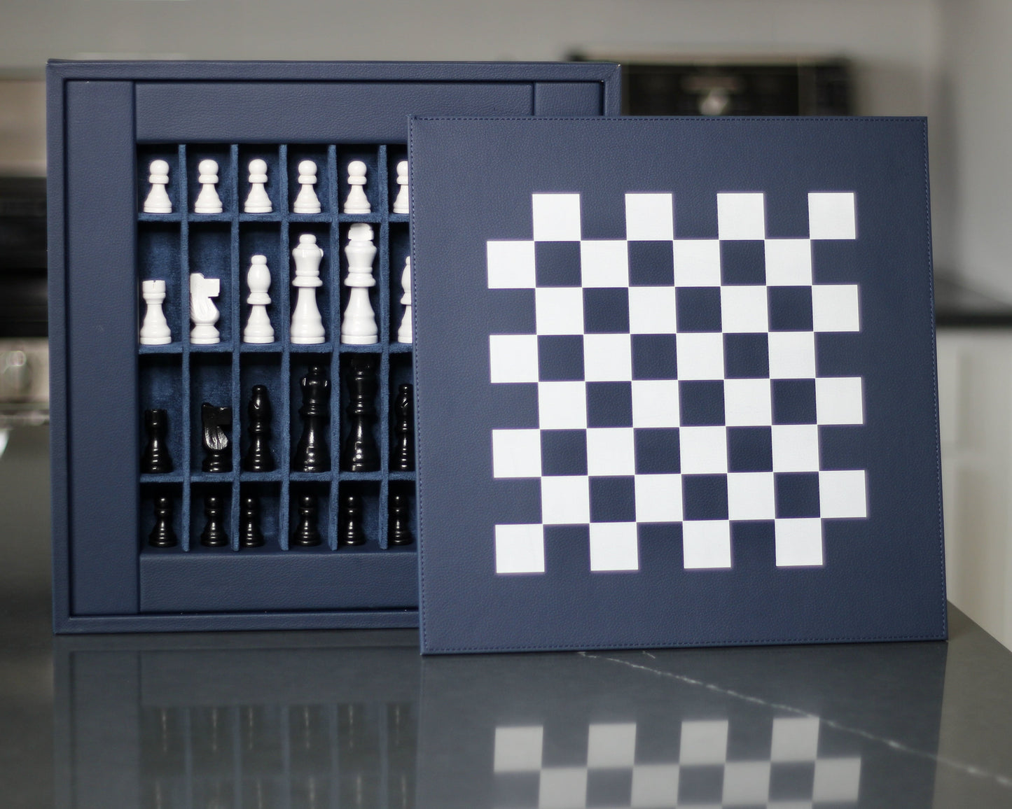 Leather Chess Set with Case - Navy Blue and Black