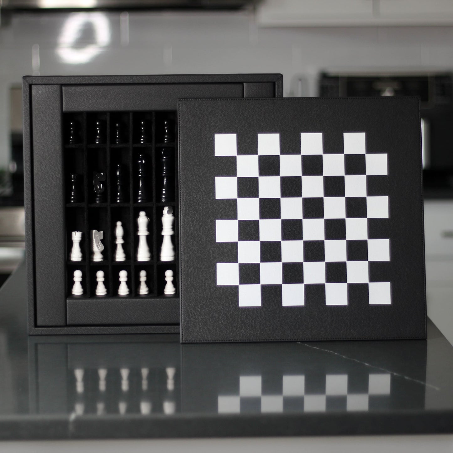 Leather Chess Set with Case - Black and White