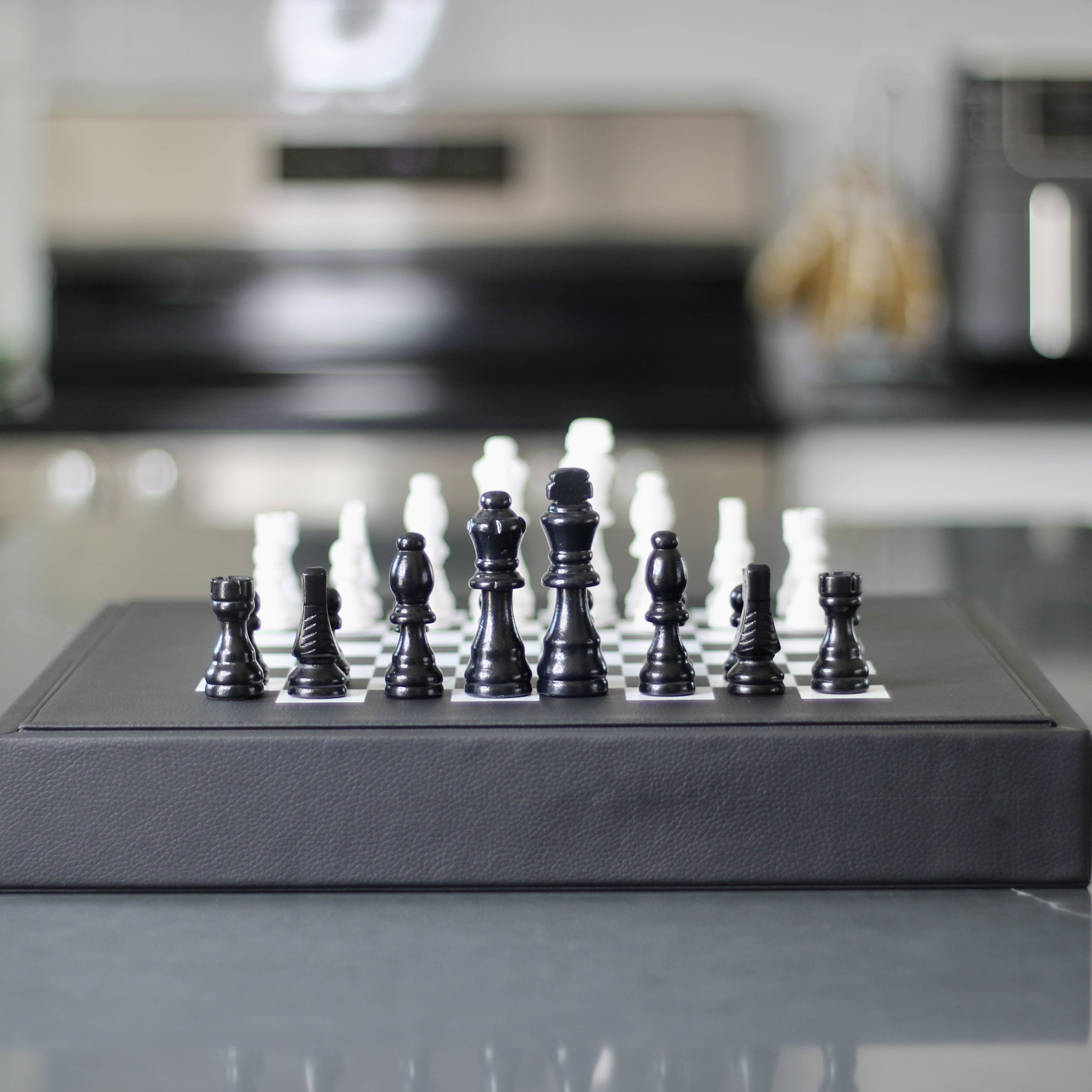 Leather Chess Set with Case - Black and White