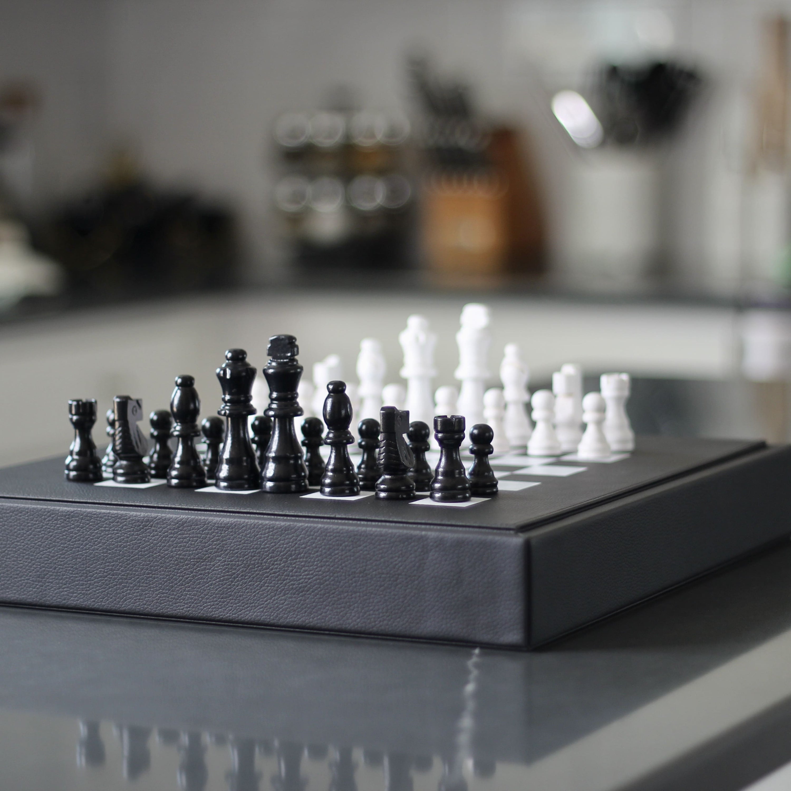 Leather Chess Set with Case - Black and White