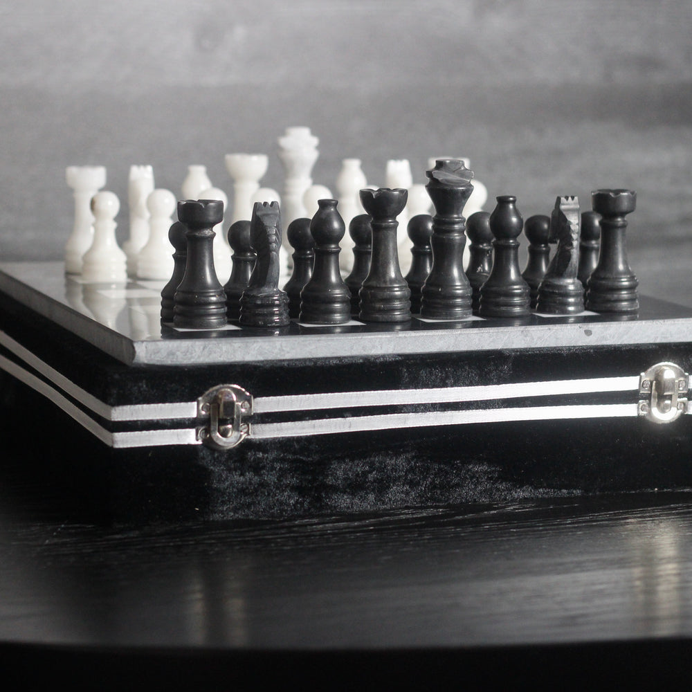 Marble Chess Set with Storage Case - Black and White