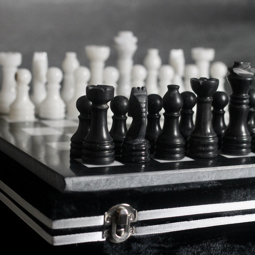 Marble Chess Set with Storage Case - Black and White