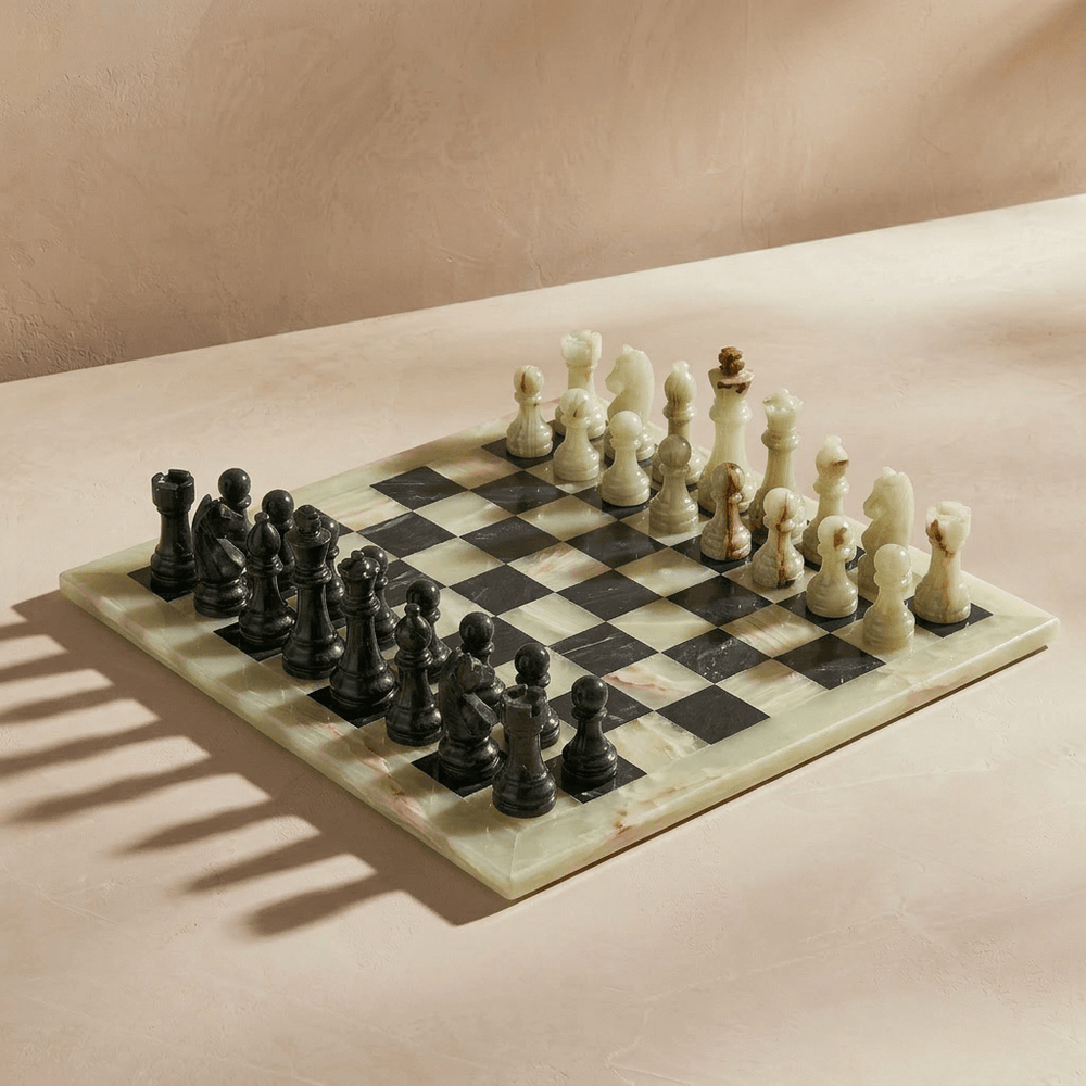 Marble Chess Set with Storage Case - Green Onyx and Black
