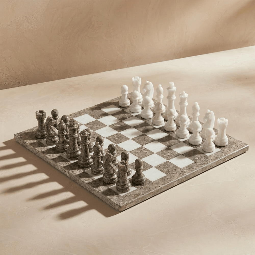 Marble Chess Set with Storage Case - Oceanic and White