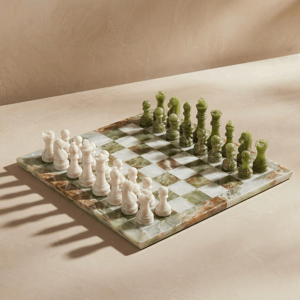 Marble Chess Set with Storage Case - Green Onyx and White - Marble Cultures