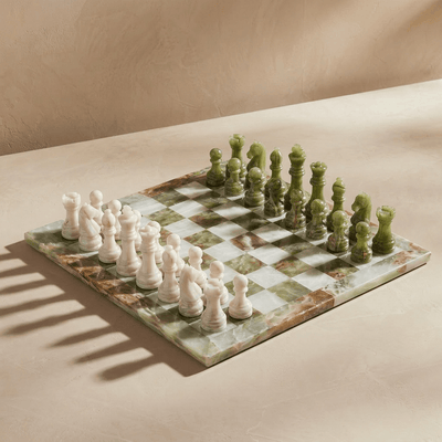 Marble Chess Set with Storage Case - Green Onyx and White
