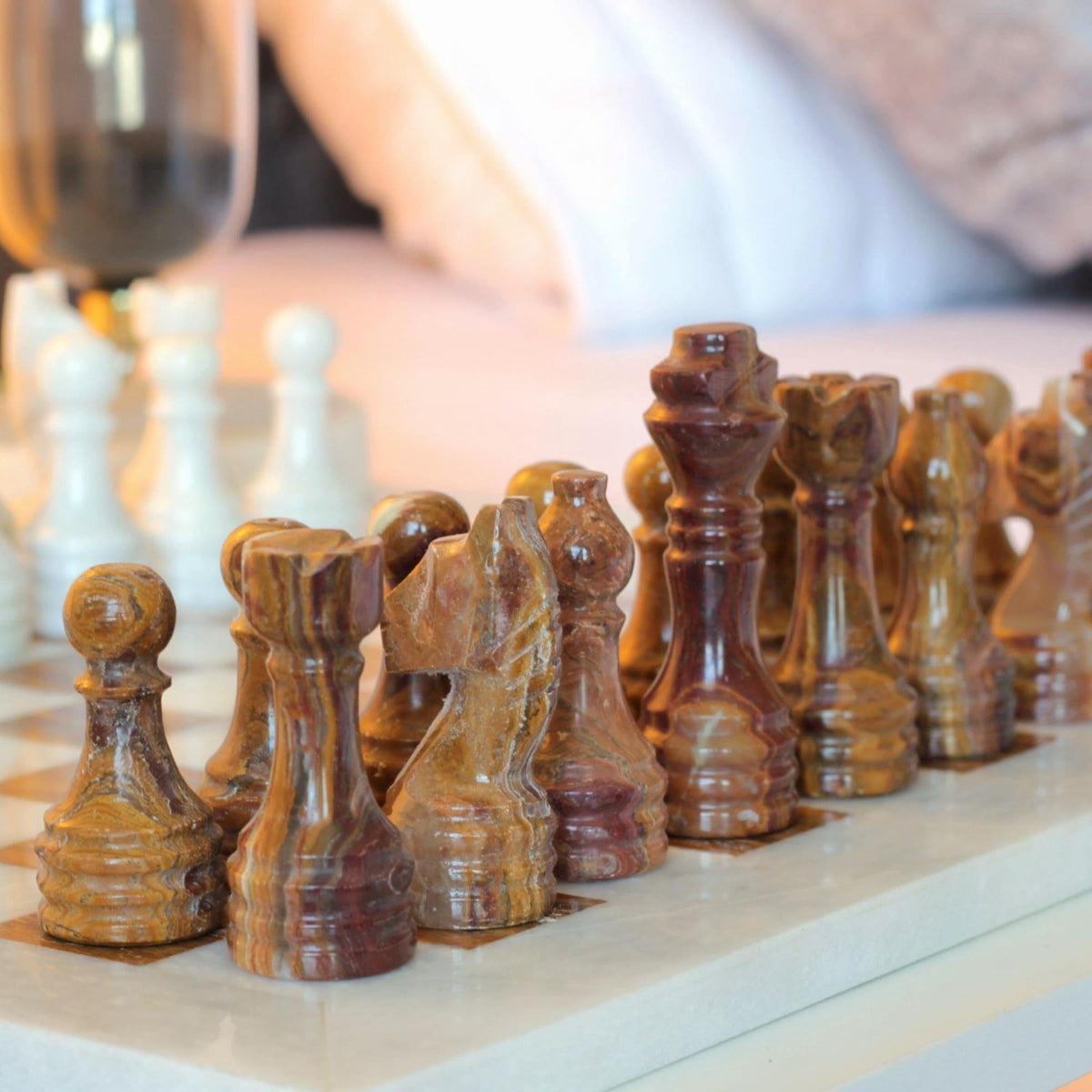 Marble Chess Set with Storage Case - Brown and White - Marble Cultures