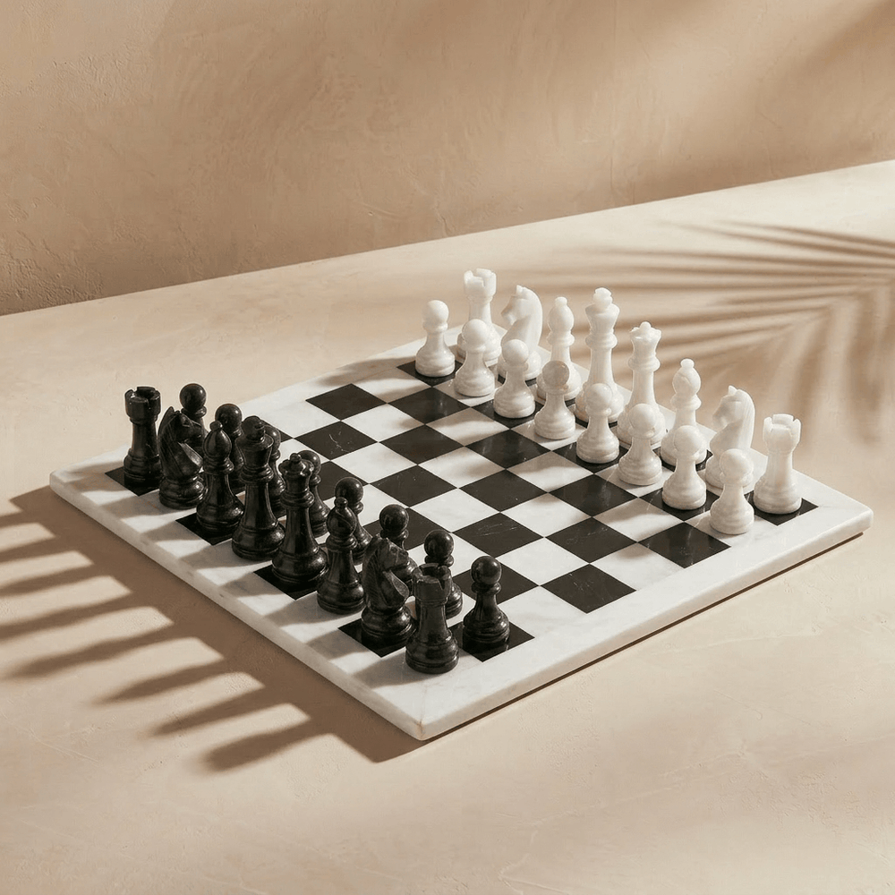 Marble Chess Set with Storage Case - White and Black