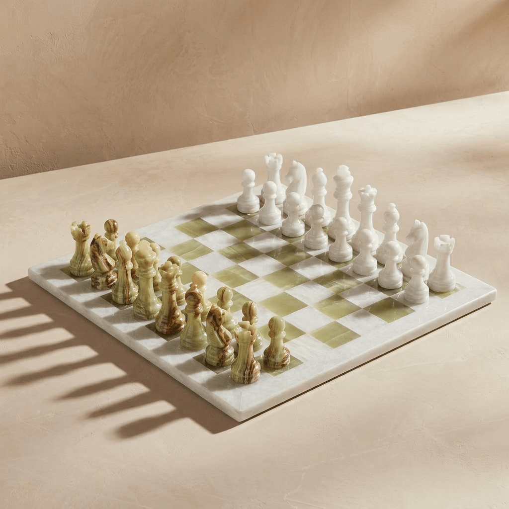Marble Chess Set with Storage Case - White and Green Onyx - Marble Cultures