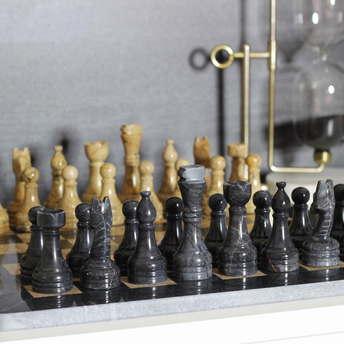Marble Chess Set with Storage Case - Black and Coral - Marble Cultures