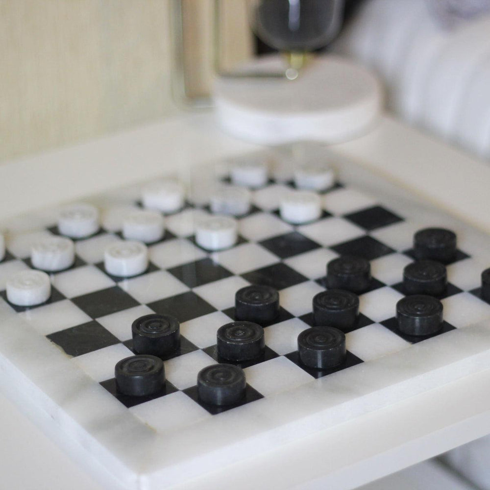 Marble Checkers Set with Storage Case - White and Black - Marble Cultures