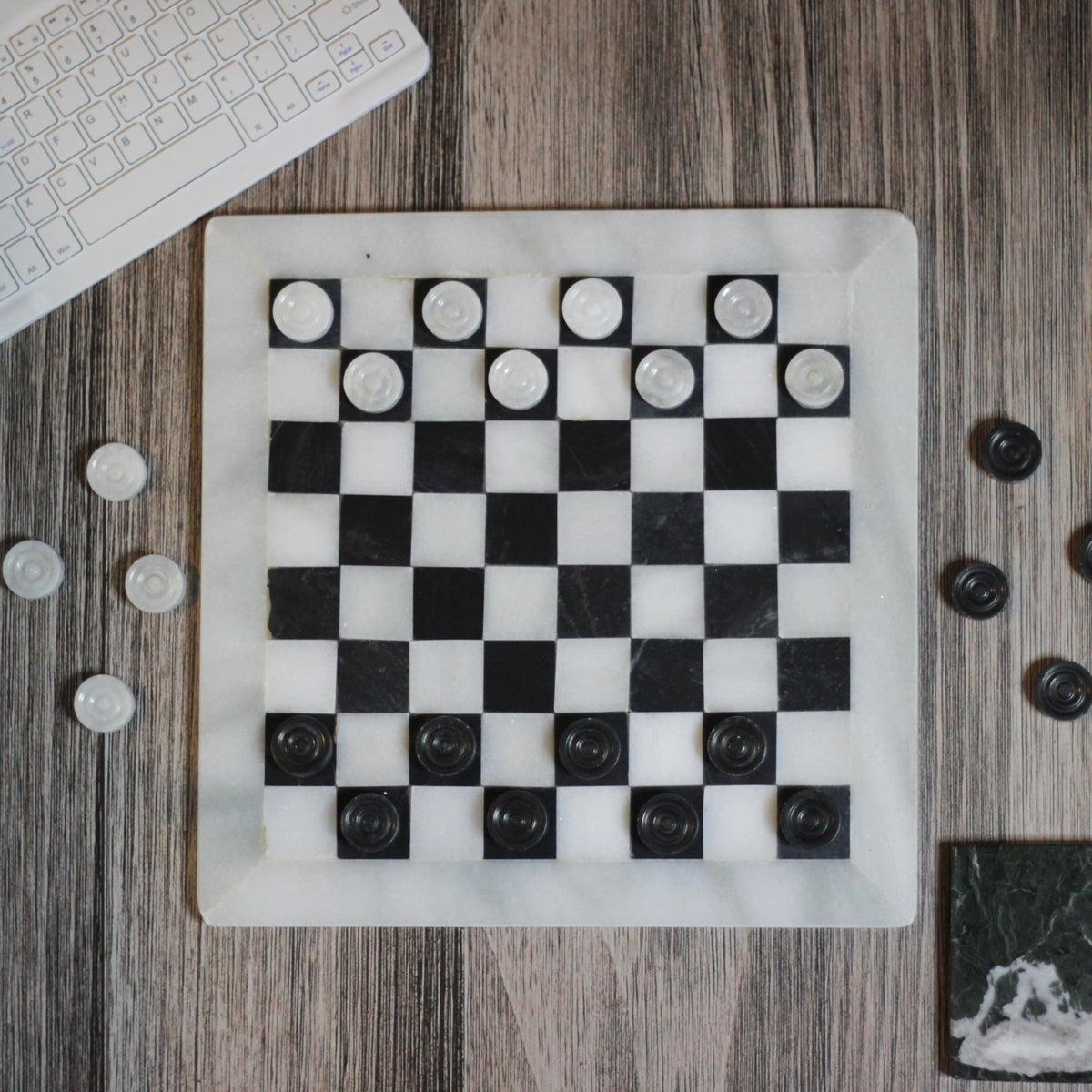 Marble Checkers Set with Storage Case - White and Black - Marble Cultures