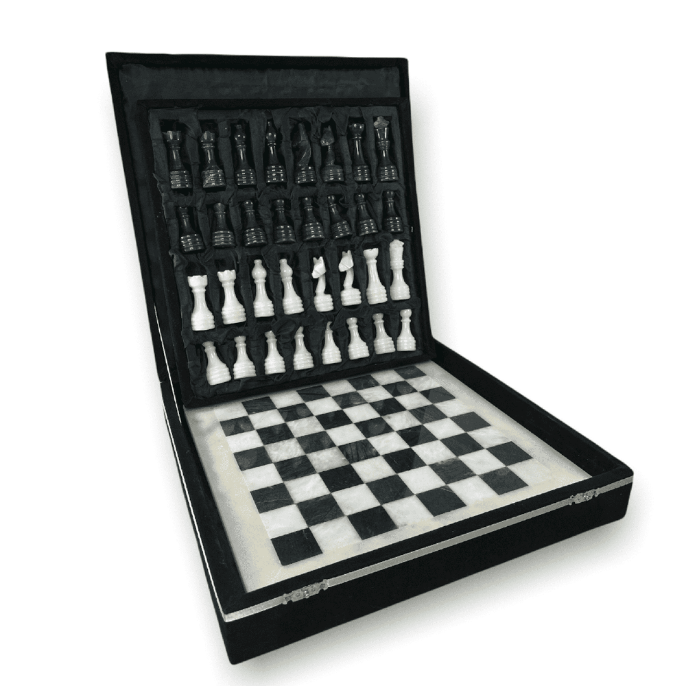 Marble Chess Set with Storage Case - White and Black - Marble Cultures