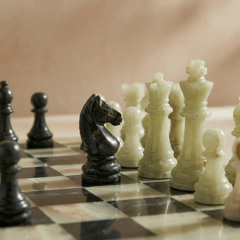 Marble Chess Set with Storage Case - Green Onyx and Black