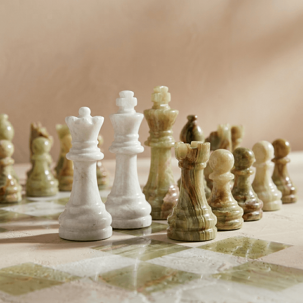 Marble Chess Set with Storage Case - White and Green Onyx