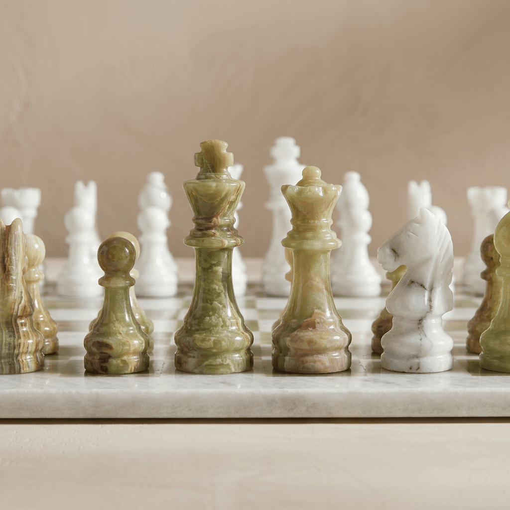 Marble Chess Set with Storage Case - White and Green Onyx