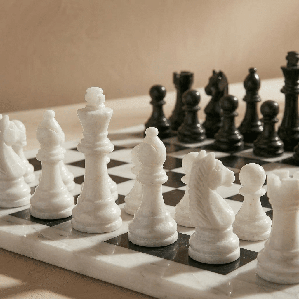 Marble Chess Set with Storage Case - White and Black - Marble Cultures