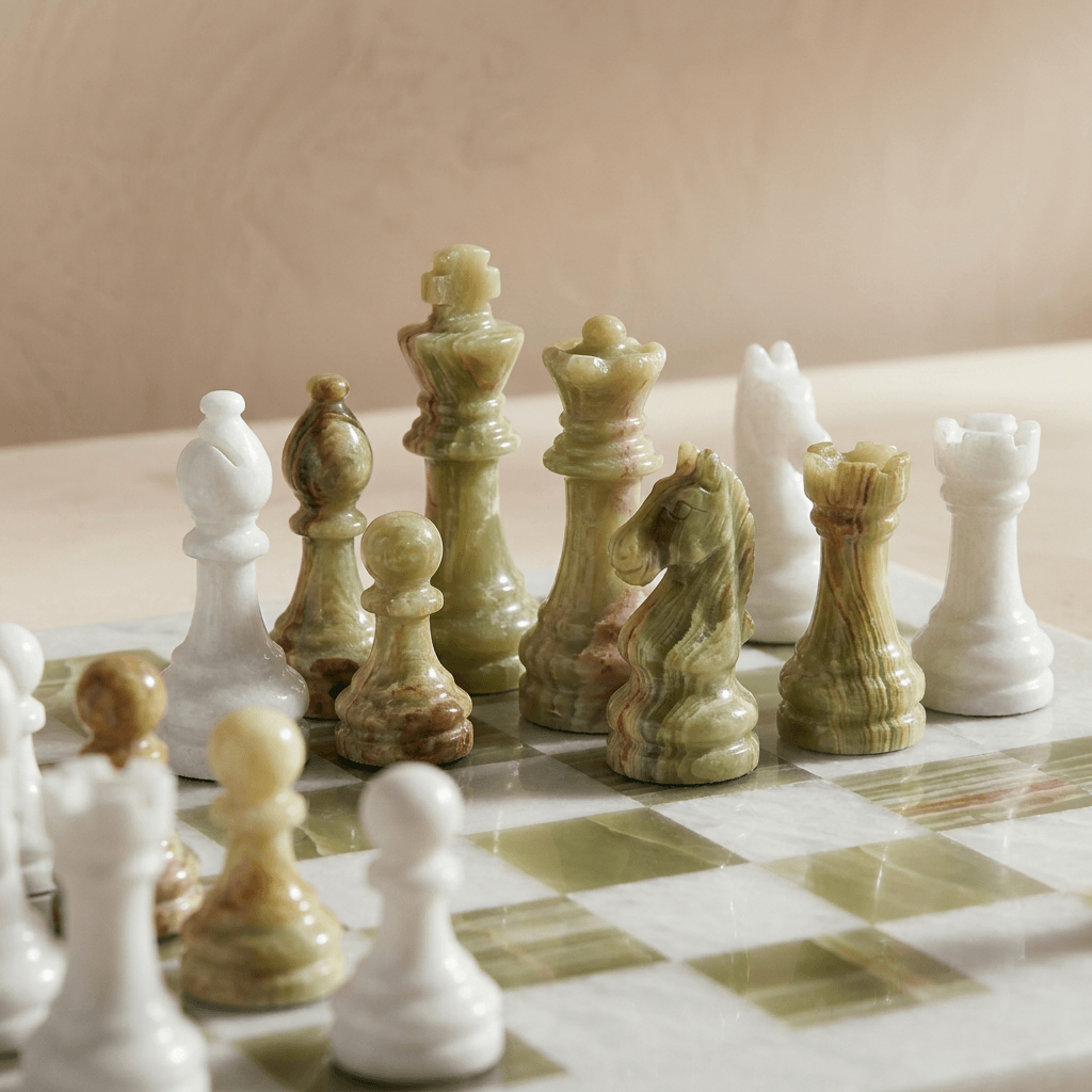 Marble Chess Set with Storage Case - White and Green Onyx