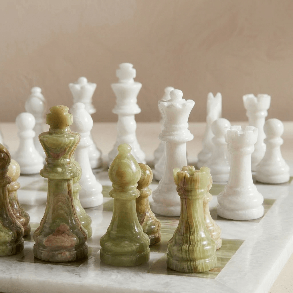 Marble Chess Set with Storage Case - White and Green Onyx