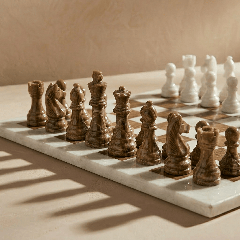 Marble Chess Set with Storage Case - Brown and White