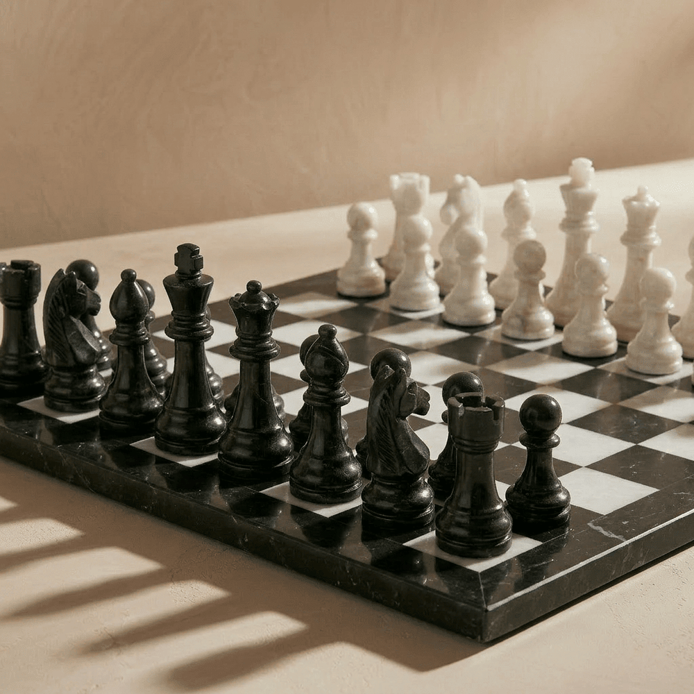 Marble Chess Set with Storage Case - Black and White