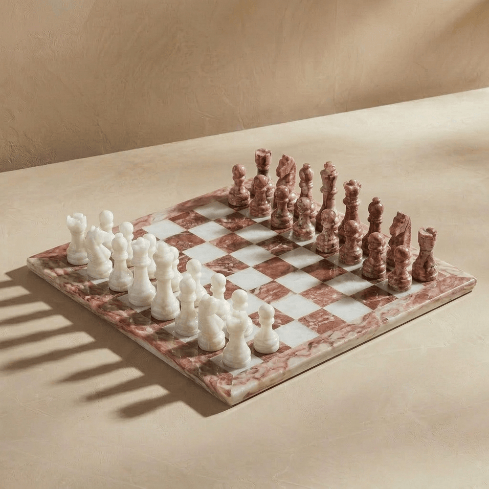 Marble Chess Set with Storage Case - Pink and White