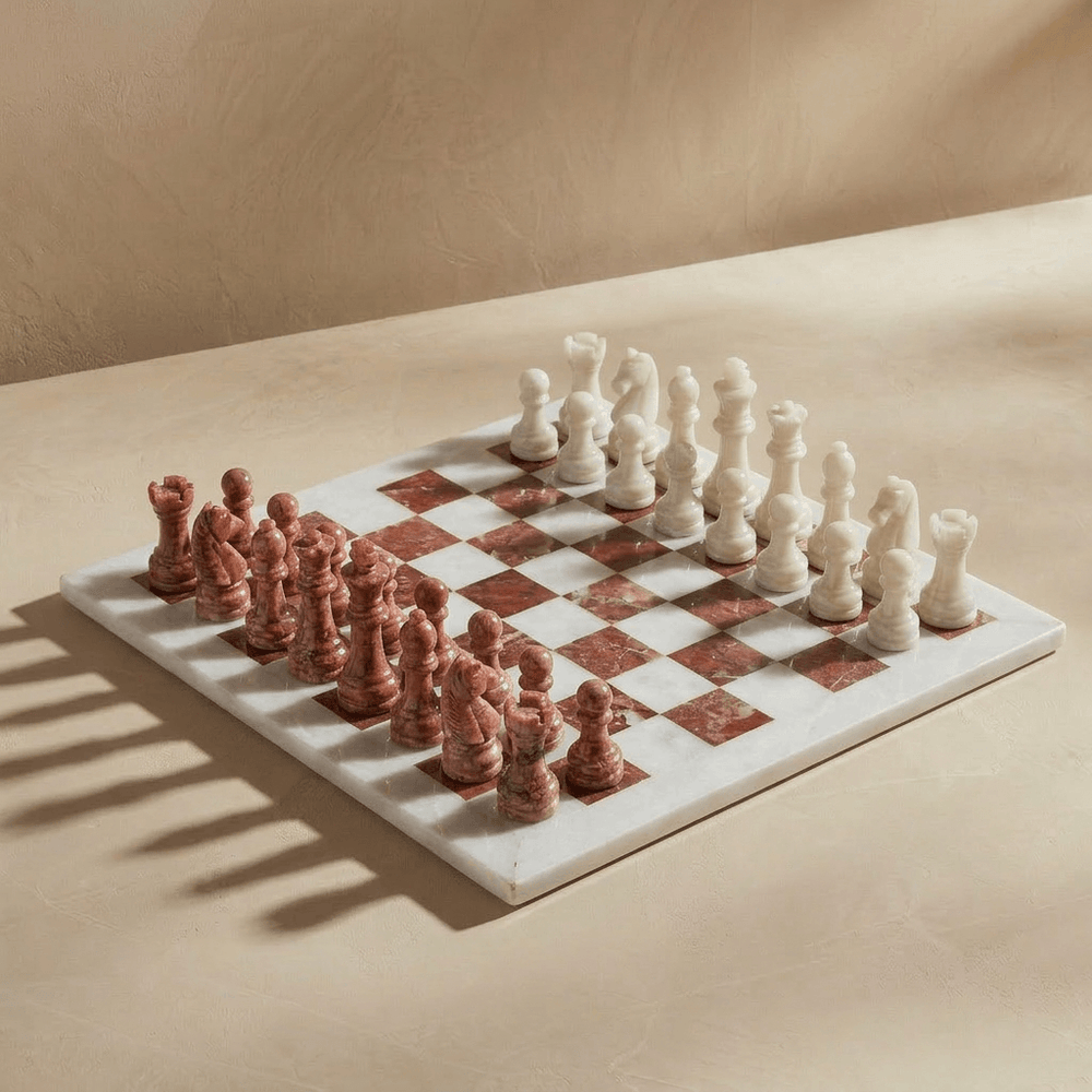 Marble Chess Set with Storage Case - White and Pink