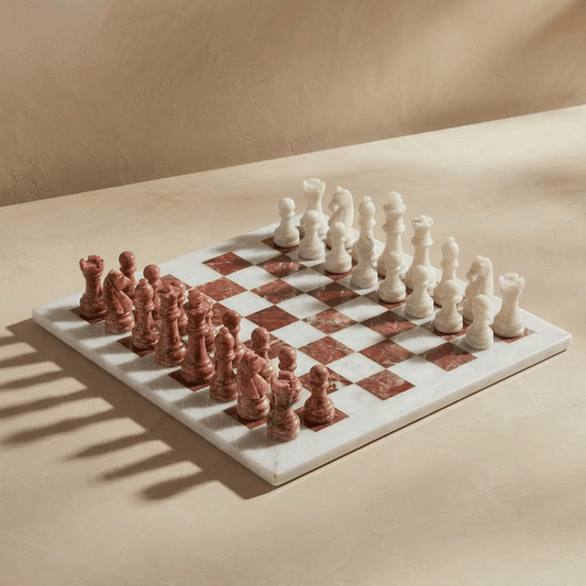 Marble Chess Set with Storage Case - White and Pink - Marble Cultures